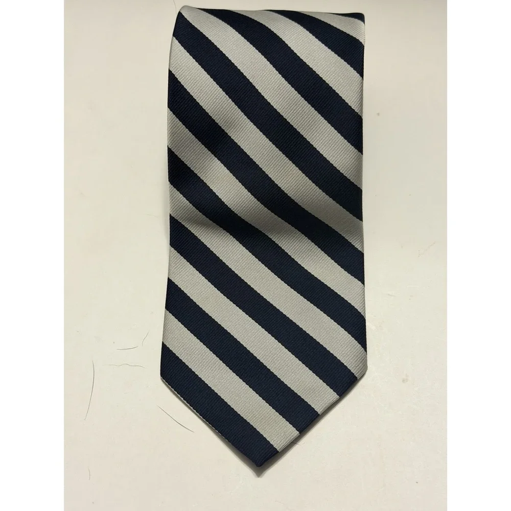 Mans World Traditionals Navy Blue Silver Grey Striped Polyester Necktie RN 35124
